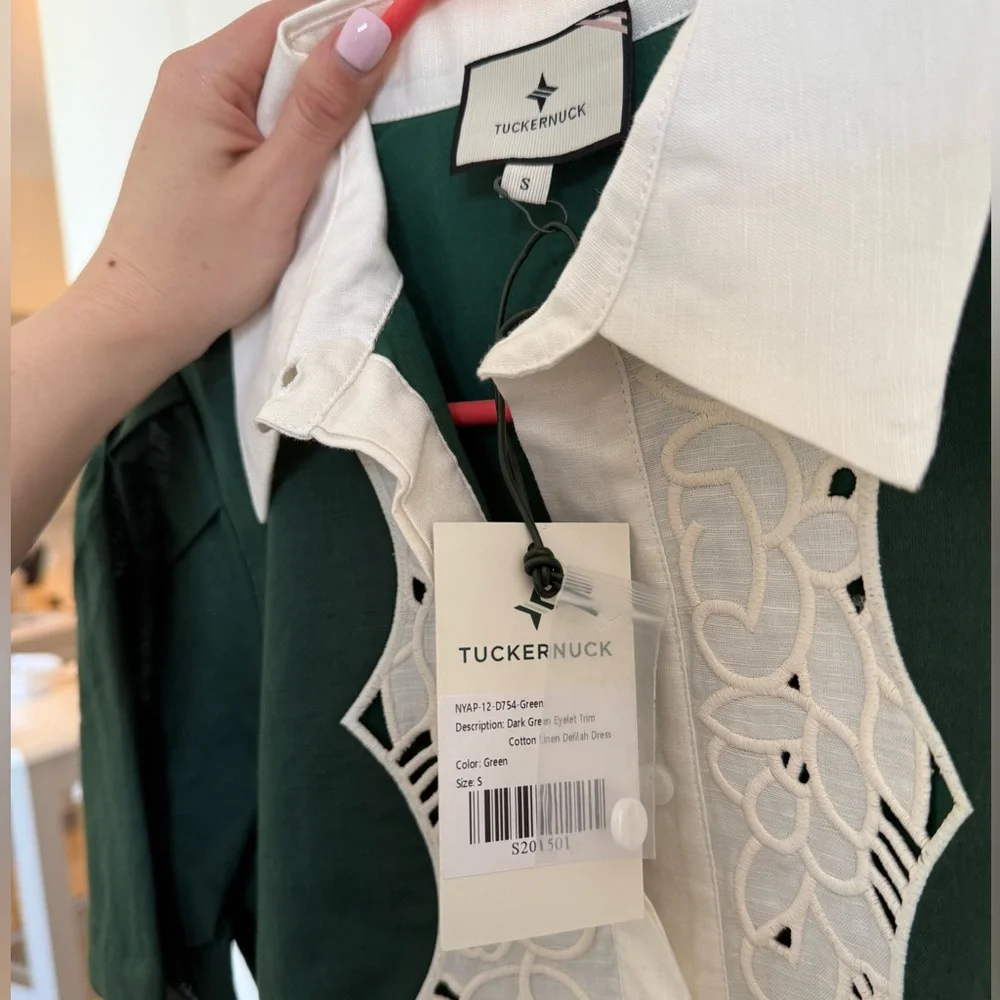 Dark Green Eyelet Trim Cotton Linen Delilah Dress - Picture 5 of 7